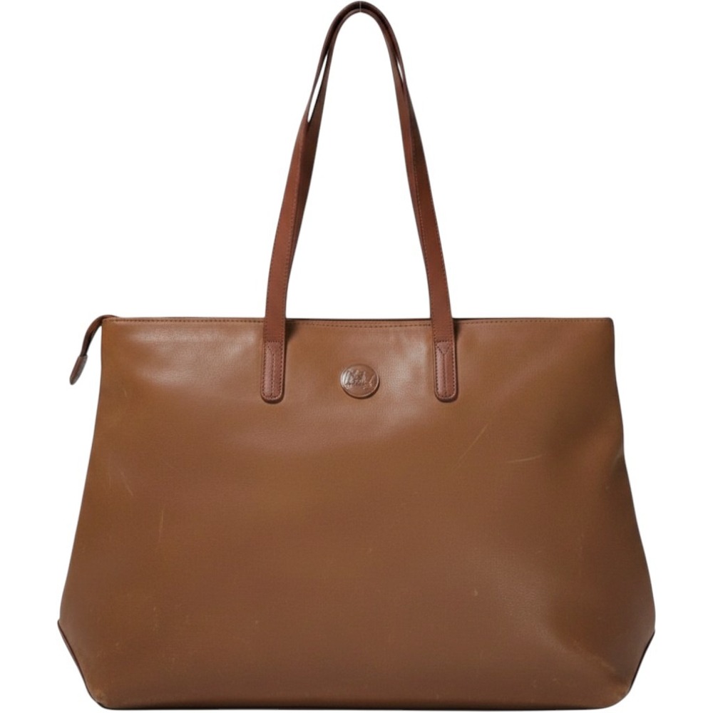 Joy Mangano Cognac Brown Leather Tote Bag Zippered Shoulder Bag Large Carryall
